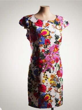 Jessica White Cap-Sleeve Mini Dress with Pink, Red & Yellow Floral Print
